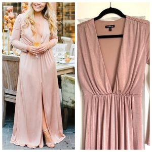 Express Pink Plunge, Long Sleeve Maxi Dress